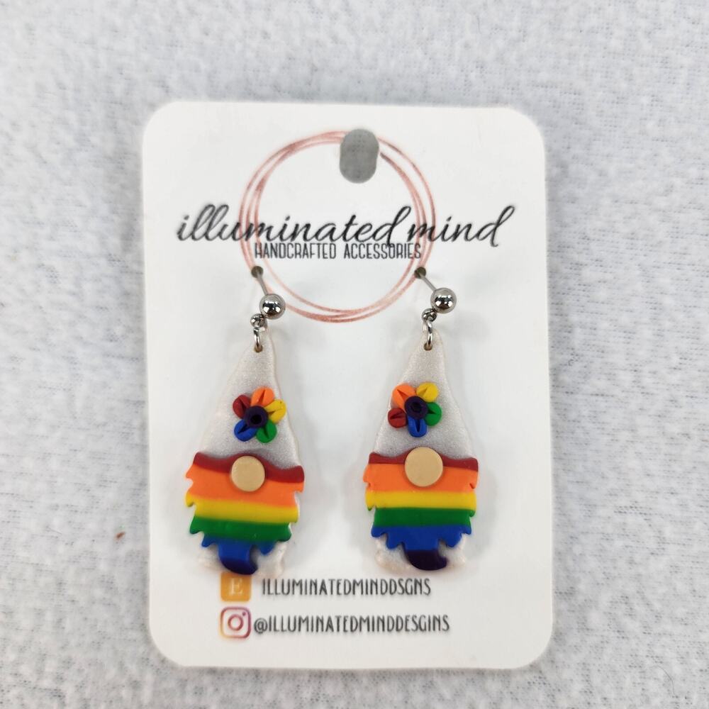 LGBTQ Rainbow Pride Gnome Stud Earrings 1.5" Polymer Clay White Illuminated Wind
